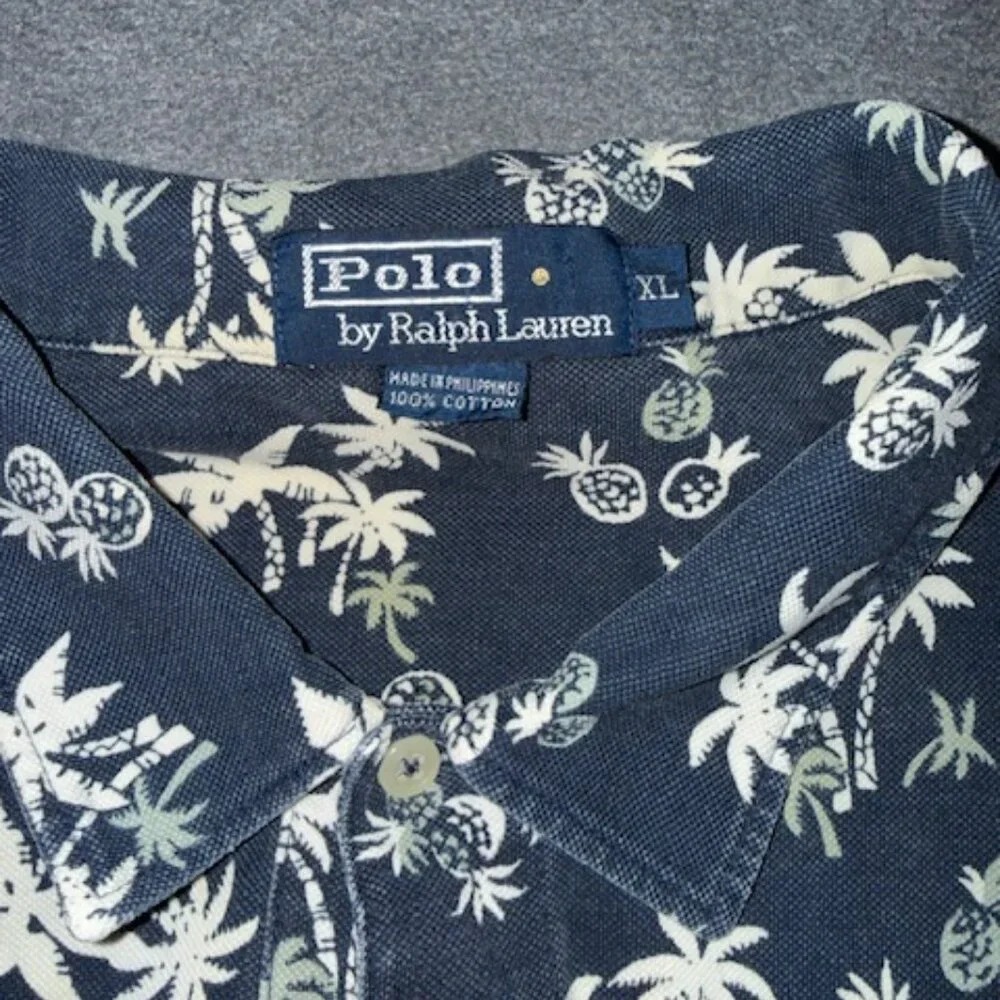 Y2K Polo Ralph Lauren Hawaiian Polo Men’s XL Navy Tropical Palm Tree 100% Cotton